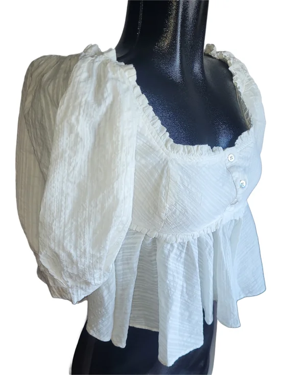 Free People Leave It To Me White Cropped Peplum Puff Sleeve Babydoll Top XS - Picture 3 of 6